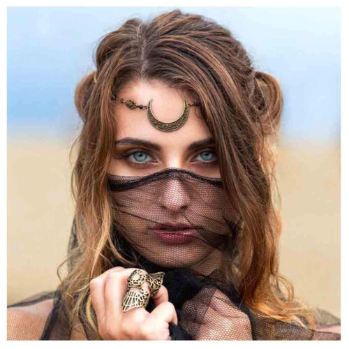 Catena per Capelli Olbye Moon Nero Cristallo Grezzo Boho per Donne e Ragazze