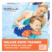SwimSchool Simtrainer - Medium/Large - Simväst med Axelärmar, Justerbar Säkerhetsrem och Avtagbar Krage -Blå/Orange