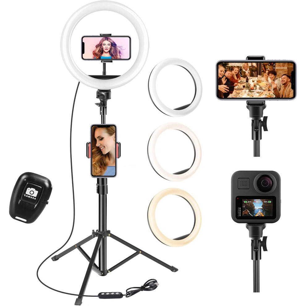 (Ground With 10" Ring ) Ring With Tripod Stand & Phone Holder, Selfie Ring With Tripod Stand With 3 Modes & 10 Brightness Level Light 4016338363836