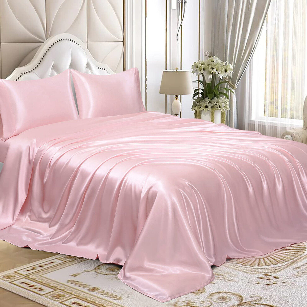 Parure de lit 4 pi   ces en satin Homiest, luxueuse parure de lit en satin soyeux avec poche profonde   : 1 drap-housse, 1 drap plat et 2 taies d'ore