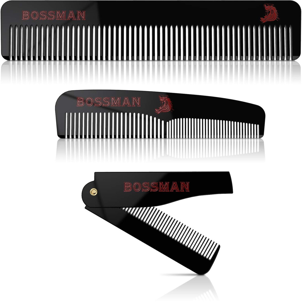Kaiser Baas Unisex Bossman Acetate Beard Hair & Mustache Combs For Men - Men's Beard Mustach And Hair Combs With Small Folding Pocket Comb (Set Of 3)
