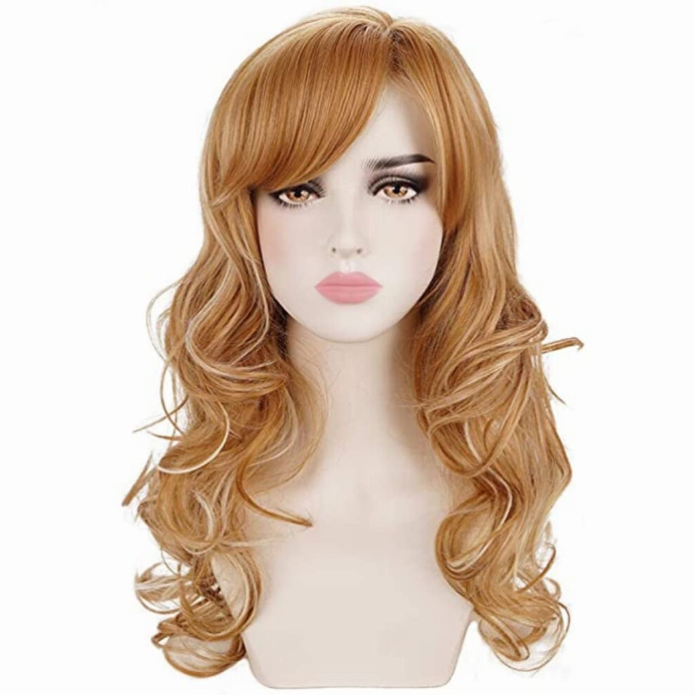 Deifor Unisex Long Curly Wavy Strawberry Blonde Highlights Natural Synthetic Hair Wigs With Bangs For Women Daily Wear, Cosplay, Halloween