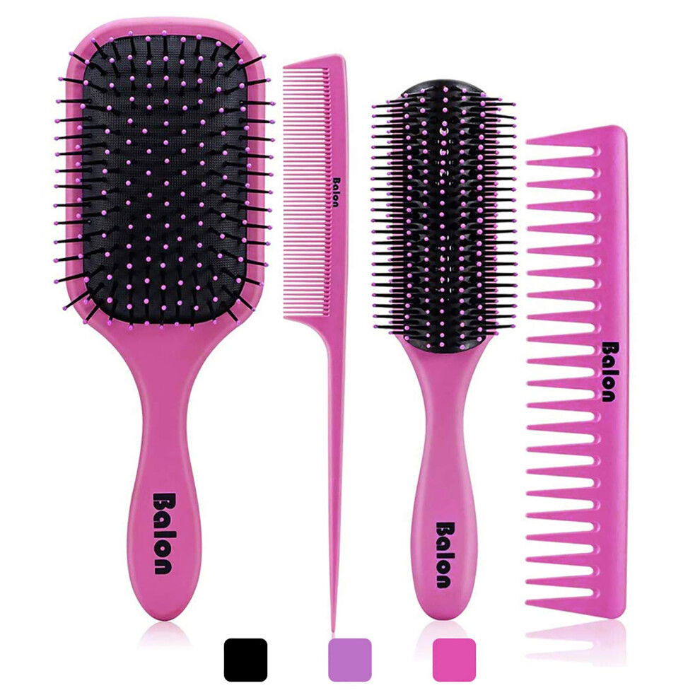 Balon Women's Pink 4Pcs Detangling Brush Set For - Paddle Brush For Wet Or Dry Straight Long Thick Curly Natural Hair No More Tangles