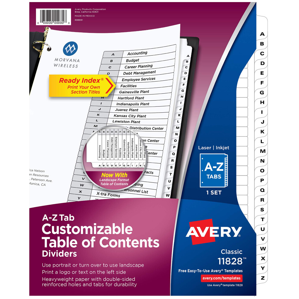 Avery A-Z Tab Dividers for 3-Ring Binders Customizable Table of Conte