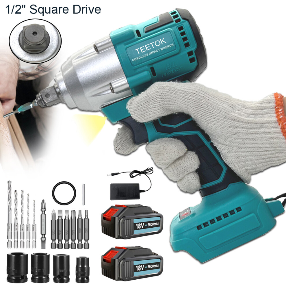 Impact Wrench Brushless Driver Cordless Rattle Gun Socket+5.5A 2Battery-Makita Compatible