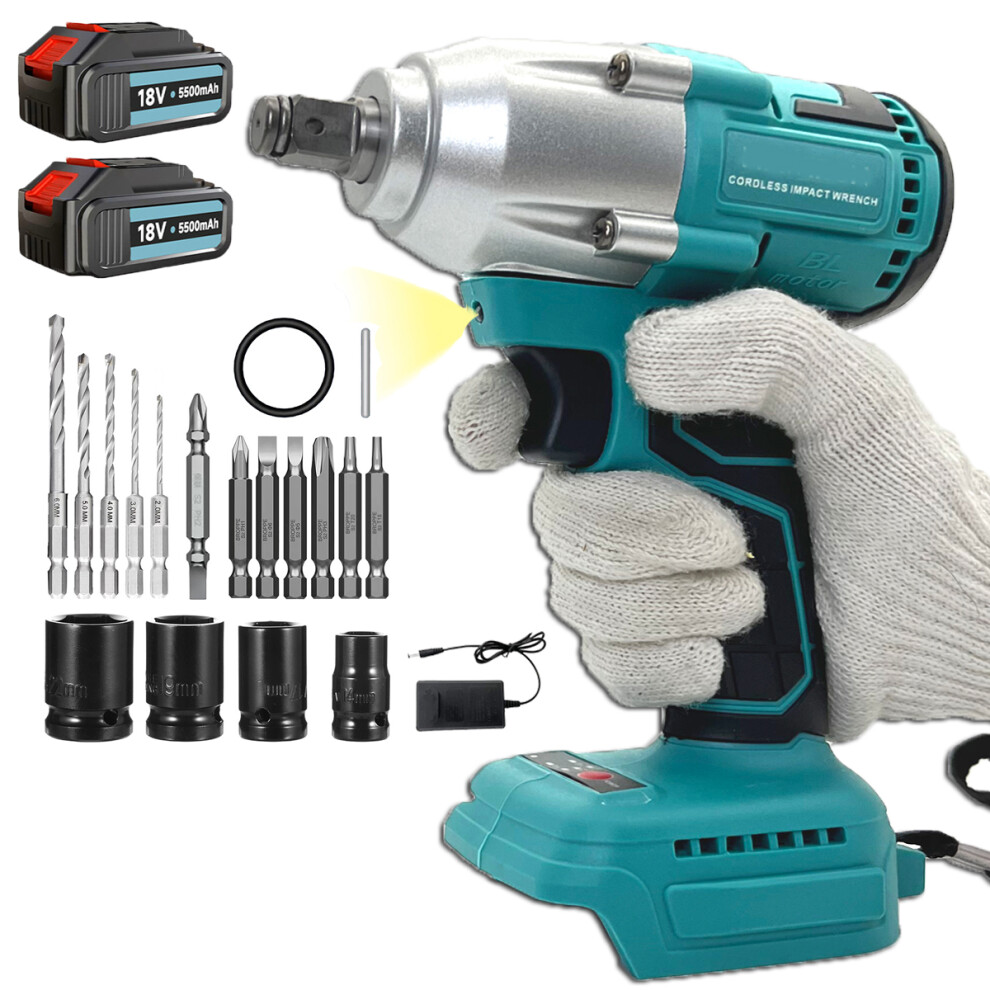 Cordless Brushless Impact Wrench Driver Drill+4Sockets+2Battery 5.5A+Charger+Case-Makita Battery Compatible