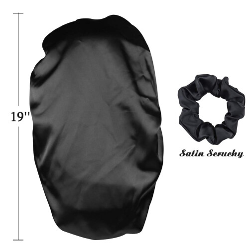 Satingeftterte Schlafmtze, schwarze Oversize-Haube fr Zpfe 2