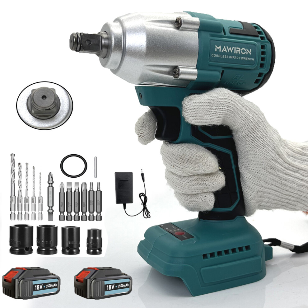 Heavy-Duty Cordless Brushless Impact Wrench Set+2x5.5A Battery+Charger-Makita Compatible