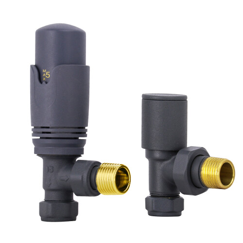 NRG Anthracite Angled TRV Thermostatic Radiator Valve + Manual Valve Pack