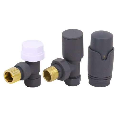 NRG Anthracite Angled TRV Thermostatic Radiator Valve + Manual Valve Pack 2