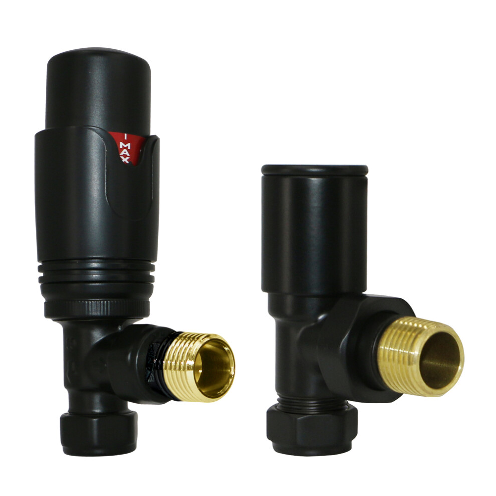 Thermostatic TRV Manual Radiator Valves Angled 15mm x 1/2" Pair Black