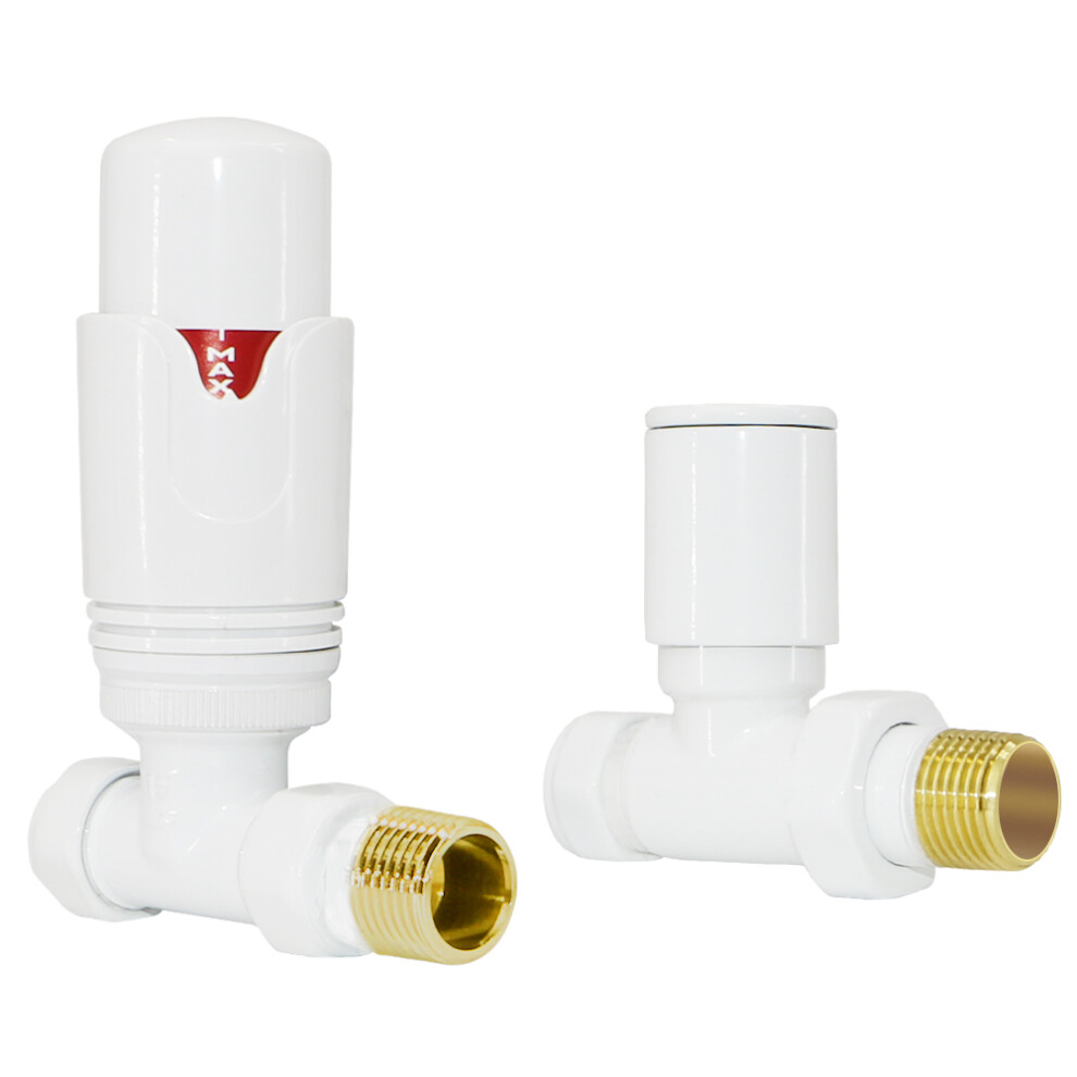White Straight 15mm x 1/2" Designer Thermostatic Radiator Valves Twin Pack