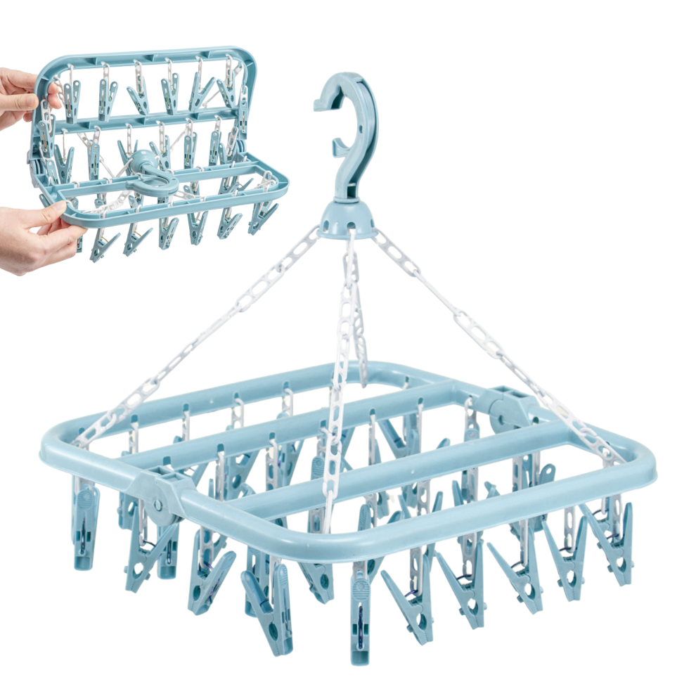 (Blue) Foldable Sock Dryer With 32 Clips Laundry Hanger Blue