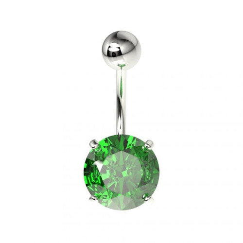 (Silver, Emerald) 925 Sterling Silver Round Jewelled Non-Dangling Belly Button Ring