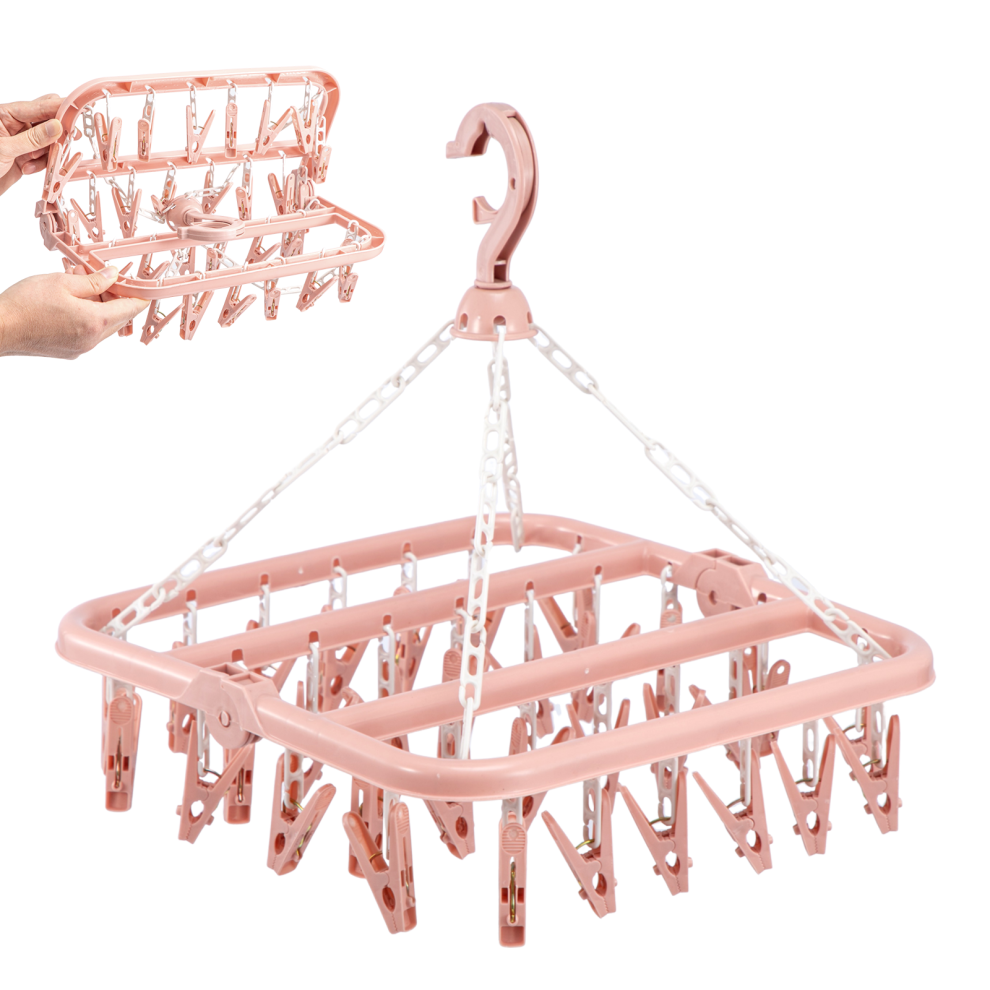 (pink) Foldable Sock Dryer with 32 Clips Laundry Hanger