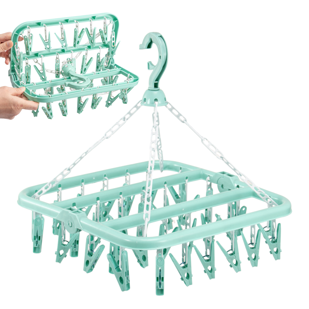 (Green) Foldable Sock Dryer With 32 Clips Laundry Hanger Green
