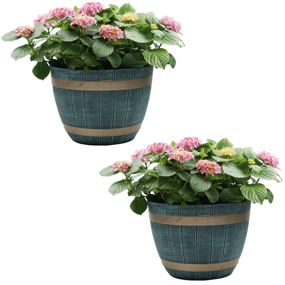 Set Of 2 Large Blue Rustic Style Plastic Half Barrel Cask Planter
