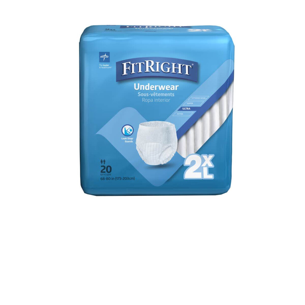 Medline Fitright Adult Incontinence Underwear, Heavy Absorbency, XX-Large, 68-80 (20 Count)