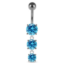 (Silver, Aqua) Moving Jewelled Charms dangling SS Bar Navel Ring