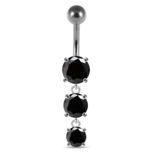 (Silver, Black) Moving Jewelled Charms dangling SS Bar Navel Ring
