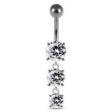 (Silver, Clear) Moving Jewelled Charms dangling SS Bar Navel Ring