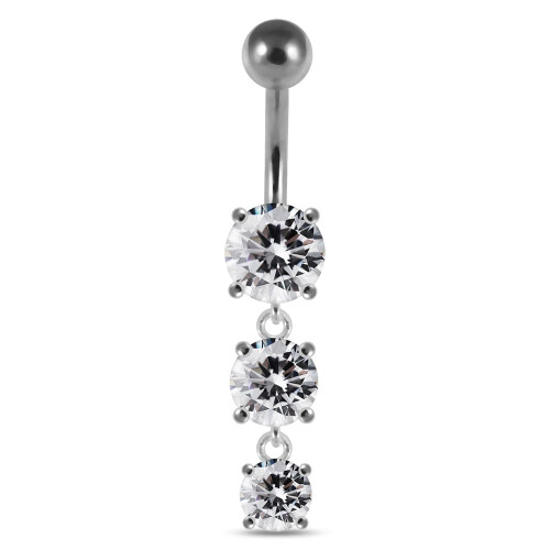 (Silver, Clear) Moving Jewelled Charms dangling SS Bar Navel Ring
