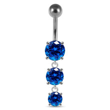 (Silver, Dark Blue) Moving Jewelled Charms dangling SS Bar Navel Ring
