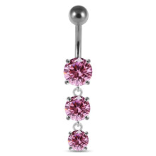 (Silver, Pink) Moving Jewelled Charms dangling SS Bar Navel Ring