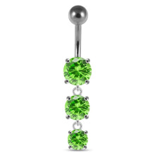 (Silver, Peridot) Moving Jewelled Charms dangling SS Bar Navel Ring