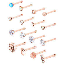 JOVITEC - Juego de 16 piercings para la nariz de mujer, 20 g, con hueso de hueso, acero inoxidable quir   rgico, para cart   lago, trago, oro rosa, b