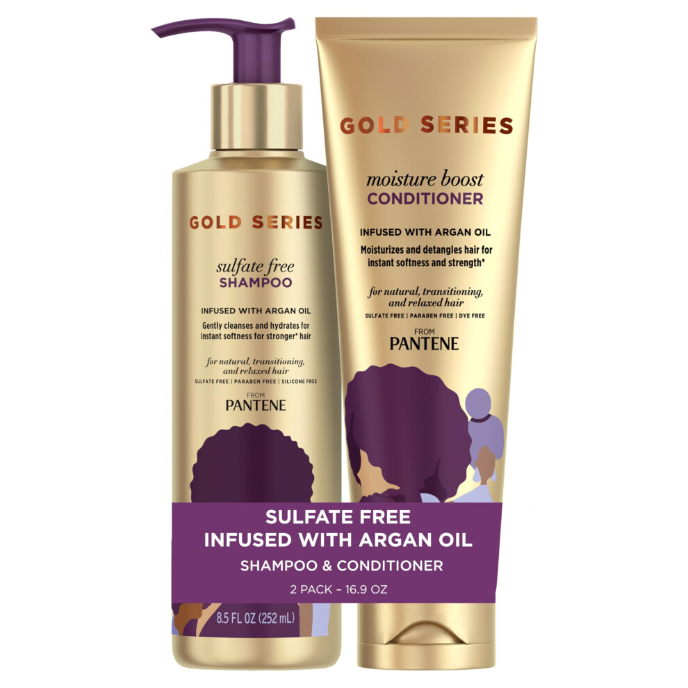 Pantene Shampoo and Sulfate Free Conditioner Kit  with Argan Oil  Pro-V Gold Series  for Natural and Curly Textured Hair  16.9 fl oz  Kit