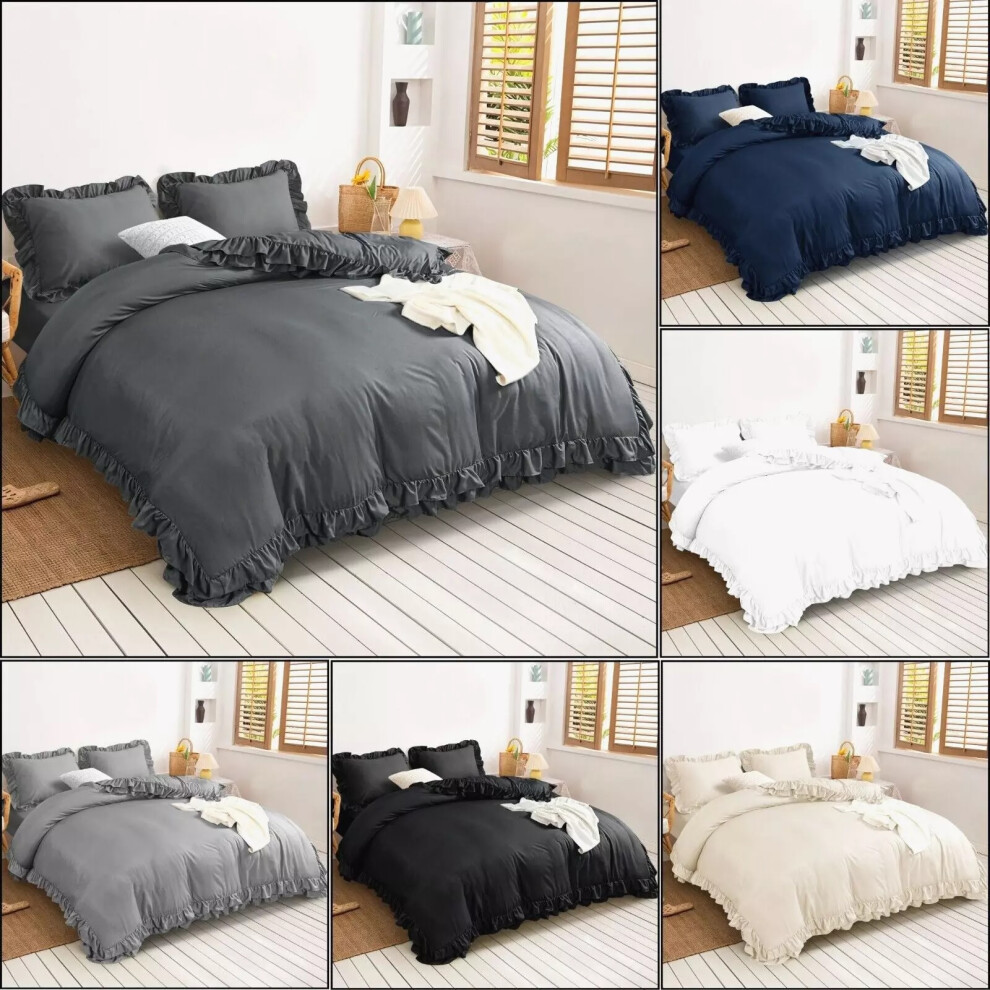 (Gray, King) Ruffled Duvet Cover Set