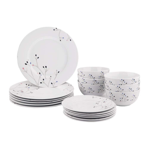 Amazon Amazon Basics 18-Piece Kitchen Dinnerware Set  Plates  Dishes  Bowls  Service for 6  Branches