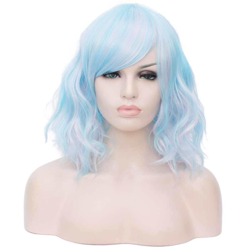 Bufashion Unisex Blue 14"""" Women Short Wavy Curly Wig Mixed Bob Wig Cosplay Halloween Synthetic Wigs With Side Bang Wig(Mixed )