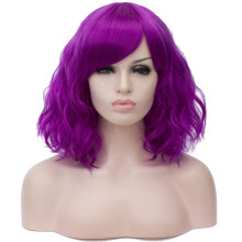 BUFASHION 14"" Naisten lyhyt, aaltoileva, kihara peruukki, violetti Bob-peruukki Cosplay Halloween -synteettiset peruukit, joissa on peruukki (violett