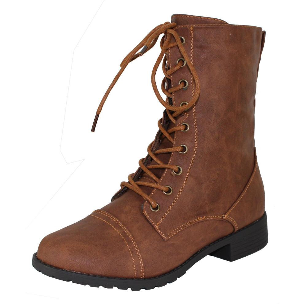 Bottes de combat     talon bas et bout rond pour femmes Forever Link, style militaire,     lacets, en tricot, avec revers     la cheville, 6, beige