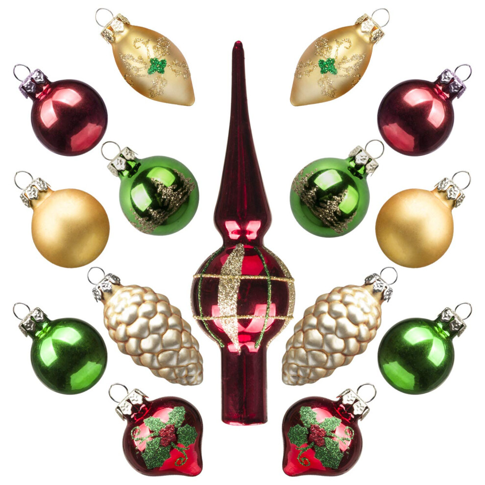 KINGYEE Miniature Ornaments and Tree Topper Christmas Mini Glass Tree Decorations Set of 15 for Tabletop Desktop Tree Wedding Centerpiece (Red Gold Gr