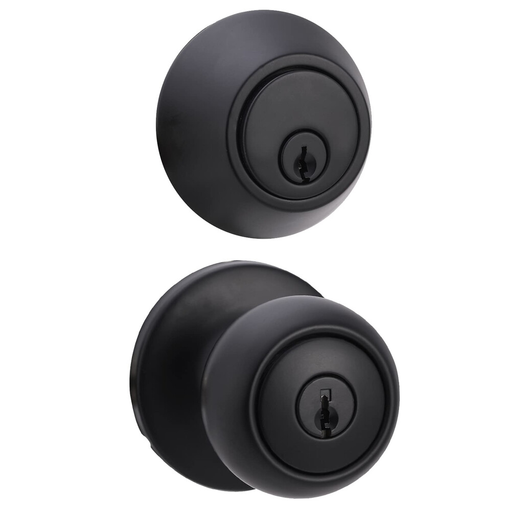 Amazon Basics Exterior Door Knob With Keyed Lock and Deadbolt  Coastal  Matte Black