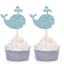 24 Modré třpytivé velrybí dekorace na cupcakes pro oslavu narozenin