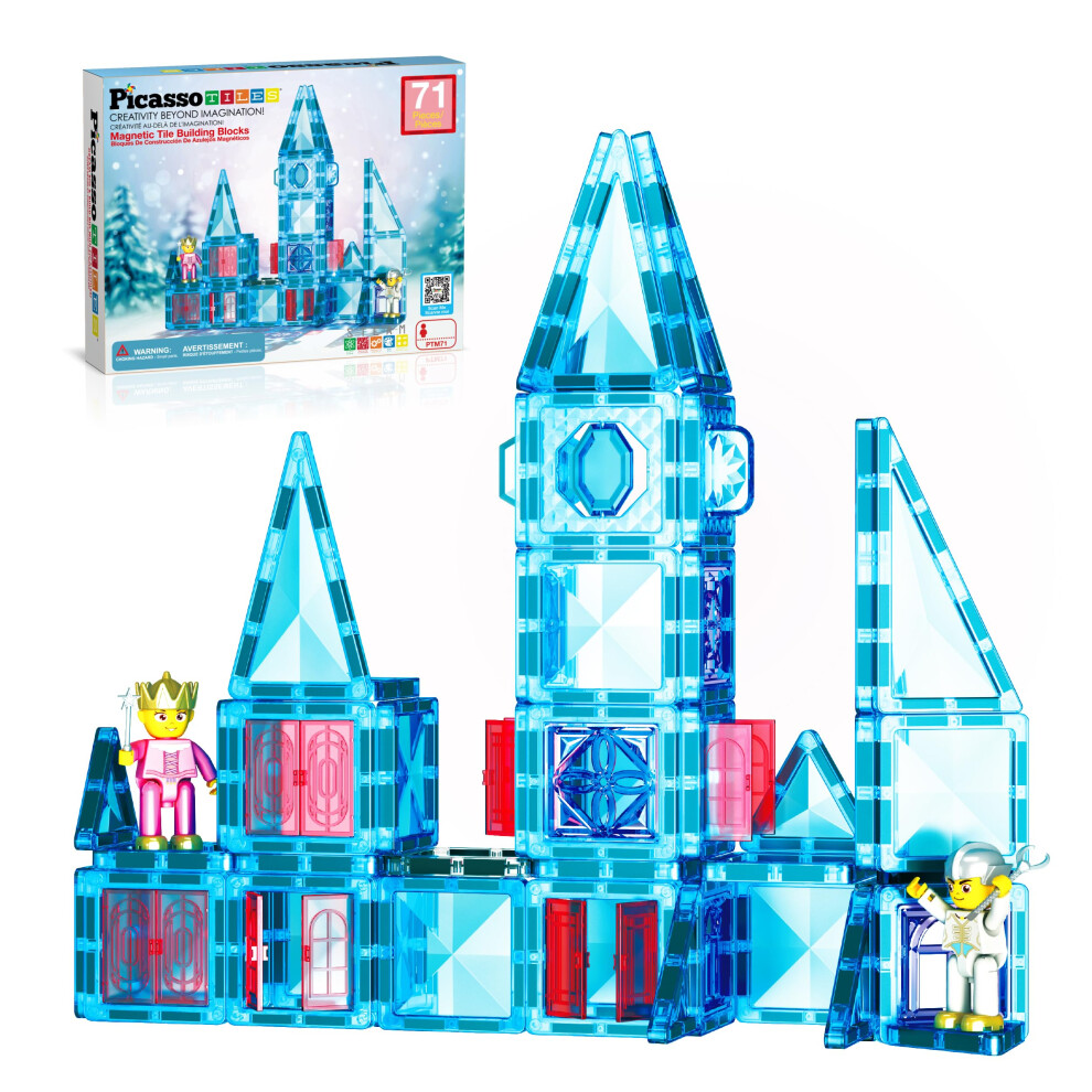 Photos - Construction Toy PicassoTiles 71pc Mini Diamond Series Winter Ice Theme Magnetic Tile Building Blocks 2 Character Action Figures Travel Size