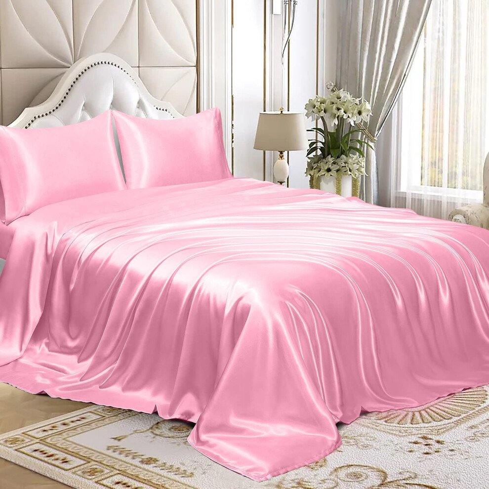 Parure de lit 4 pi   ces en satin Homiest, luxueuse parure de lit en satin soyeux avec poche profonde   : 1 drap-housse, 1 drap plat et 2 taies d'ore