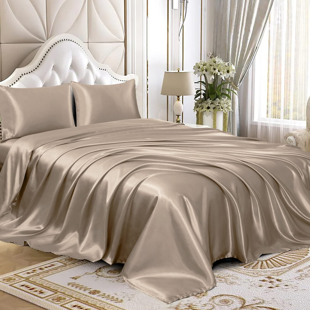 Parure de lit 3 pi   ces en satin Homiest, luxueuse parure de lit en satin soyeux avec poche profonde   : 1 drap-housse, 1 drap plat et 1 taie d'orei