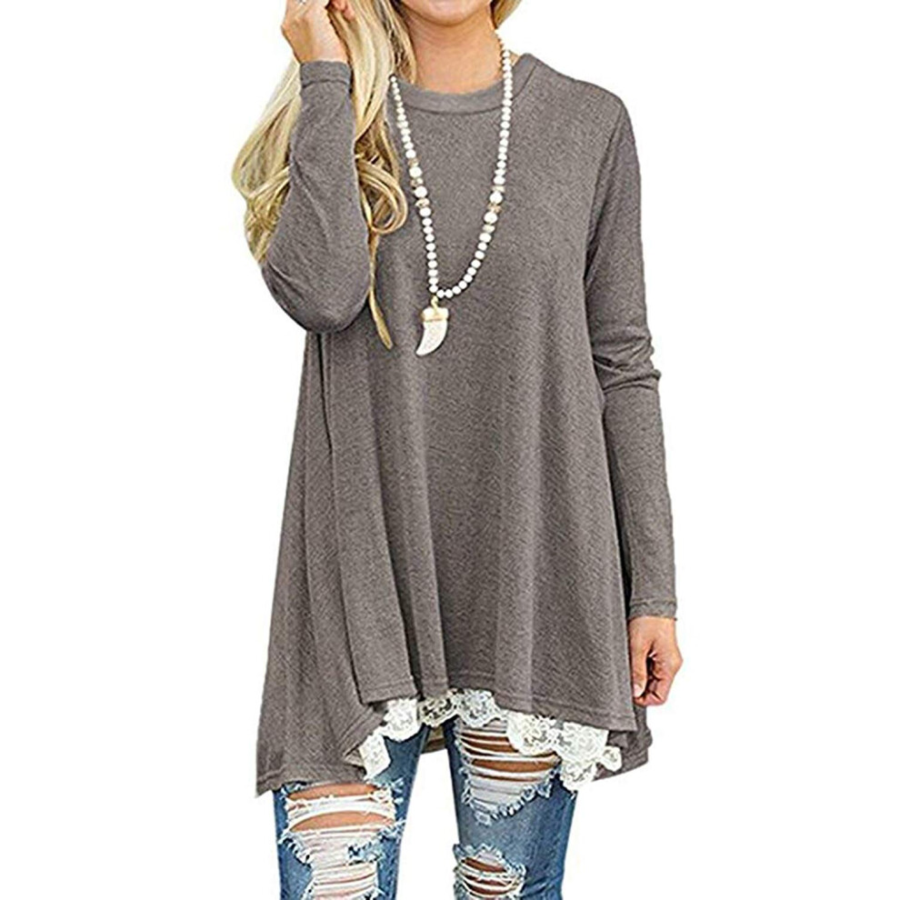 Chemisier     col ras du cou et manches longues en dentelle pour femme, tunique longue, chemise pour leggings, gris