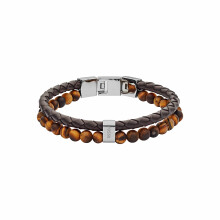 Fossil Heren Leren en Kralen Armband Kleur: Tijgeroog/Bruin (Mod