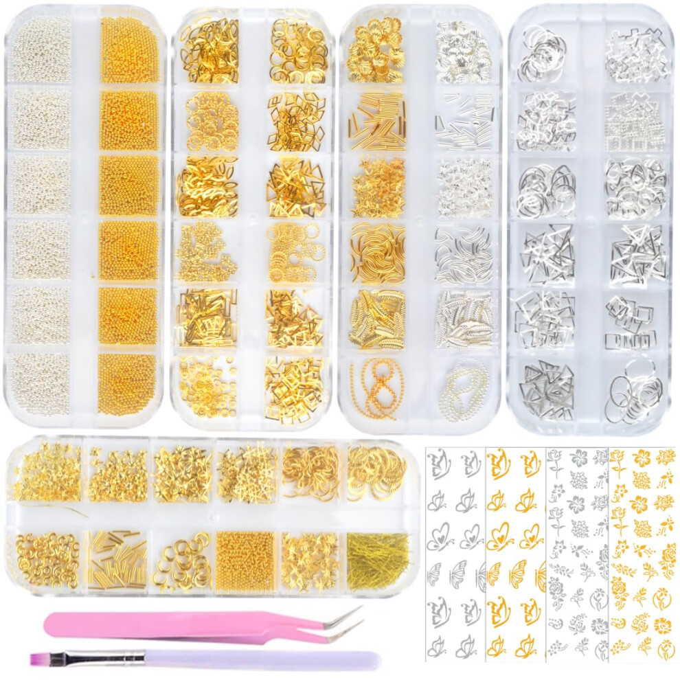 Edittime 5 Boxes Gold & Silver Metal Nail 3D Punk Studs Star Moon Heart Triangle Square Rivet Gems Nail Art Jewels With A Curved Tweezers An