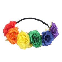 Love Sweety BOHO Coroncina Floreale con Rose, Cerchietto per Capelli (Nastro Elastico Arcobaleno)