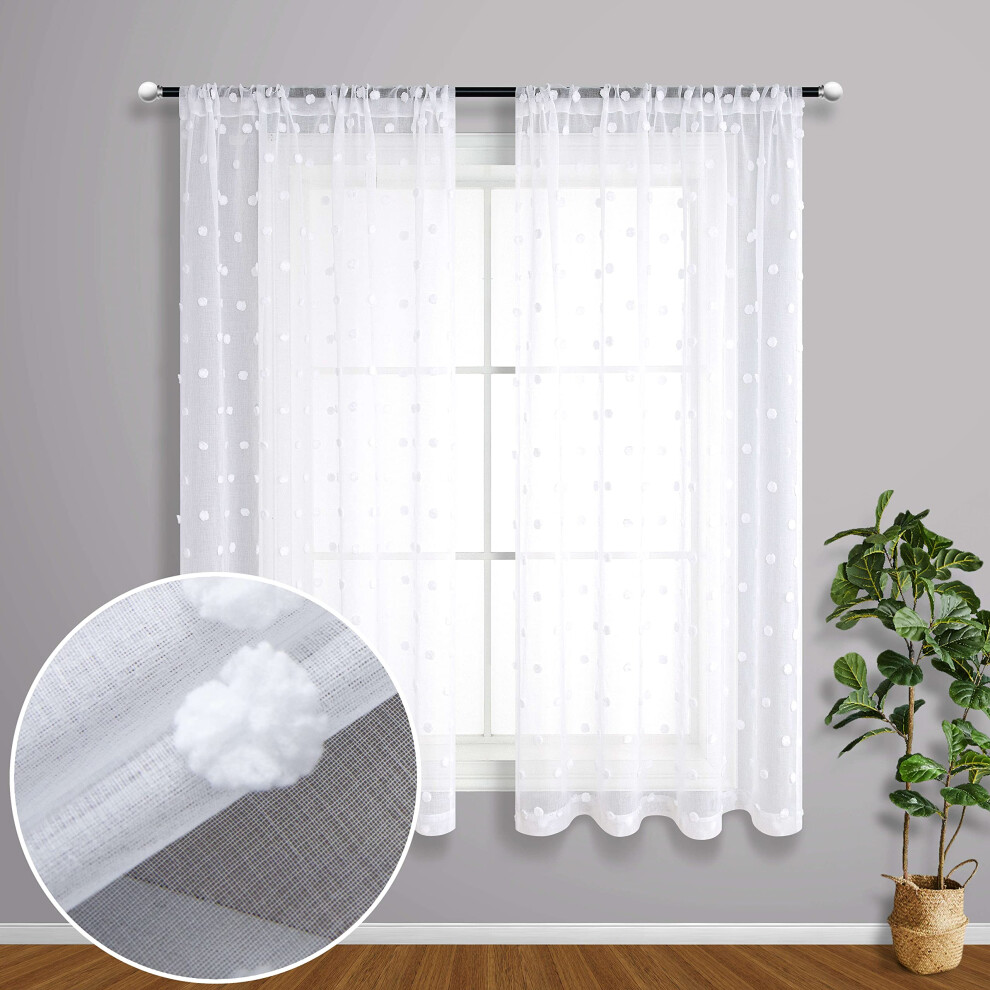 Rideaux blancs de 114 cm de long pour salle de bain, ensemble de 2 panneaux avec passe-tringle, rideaux semi-occultants     fleurs, pompons,    illet