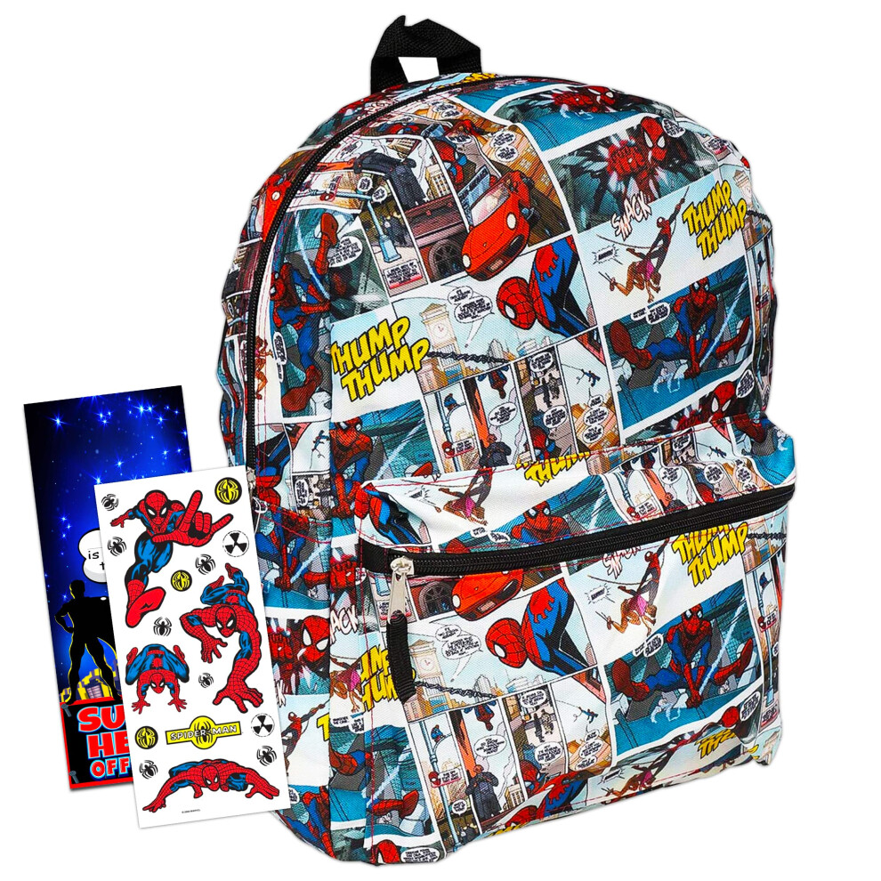 Zaino Marvel Spiderman Per Bambini - Set Da 2 Pezzi Con Zaino Scolastico Marvel Comics Spiderman Da 16"" Con Adesivi (Materiale Scolastico Spiderm-image