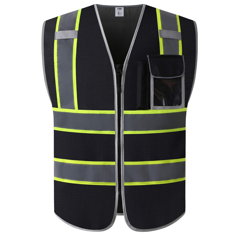Jksafety 3 Pockets High Visibility Zipper Front Safety Vest Mesh Lite Black With Dual Tone High Reflective Strips Meets Ansi 645312476916