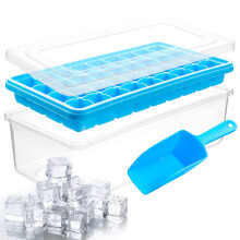 Ice Cube Maker With Lid & Bin for Cocktails & Whisky | BPA Free Silicone Container & Tong | Stackable 36 Nugget Tray for Freezer With Easy Release |